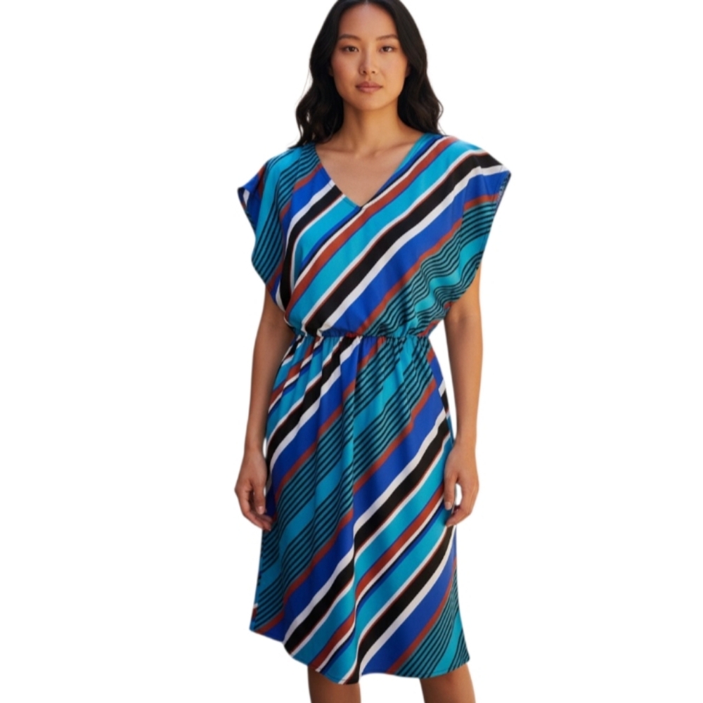 MAURICES BLUE, ORANGE, WHITE, & BLACK STRIPE DRESS SZ.M EUC